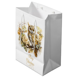 Sacola Para Presentes Média Coruja Dourada Em Um Galho Natal