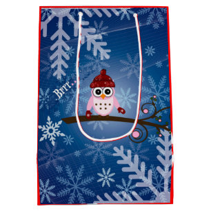 Sacola Para Presentes Média Coruja Rosa, Design de Floco de Neve