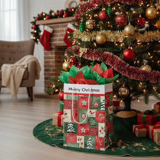 Sacola Para Presentes Média Country patchwork christmas pattern (Criador carregado)