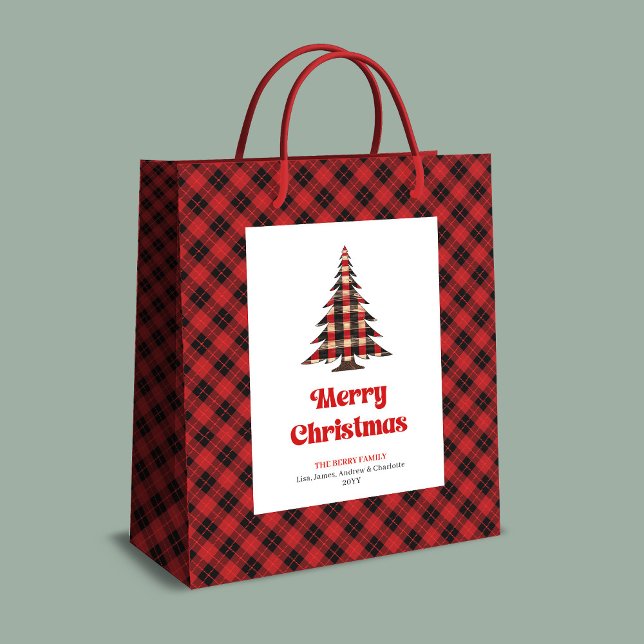 Sacola Para Presentes Média Cozy buffalo plaid Christmas gift bag name design (Cozy buffalo plaid Christmas gift bag name design)