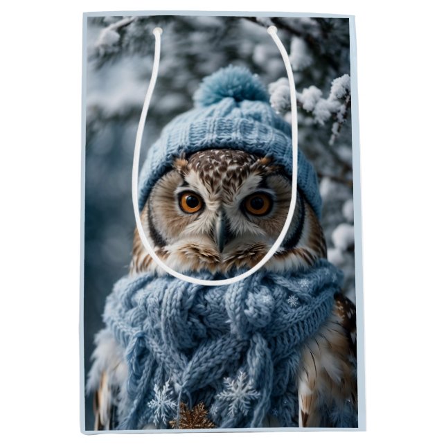 Sacola Para Presentes Média Cozy Whimsical Winter Wonderland Owl (Frente)