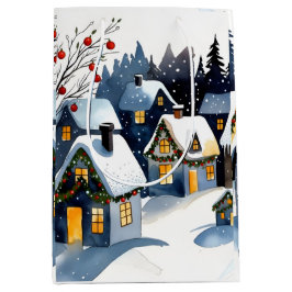 Sacola Para Presentes Média Cozy Winter Village Watercolor Christmas Gift Bag