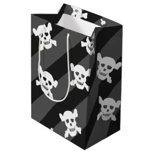 Sacola Para Presentes Média Crânio branco e Crossbones em listras pretas
