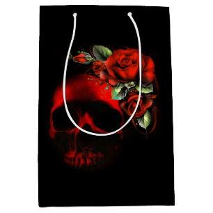 Sacola Para Presentes Média Crânio e rosas vermelhos e pretos
