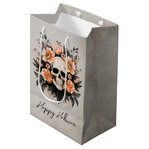 Sacola Para Presentes Média Crânio Floral Glam Personalizado Halloween