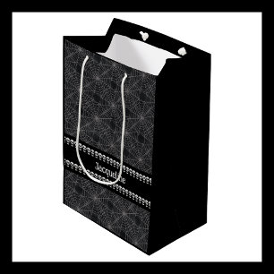 Sacola Para Presentes Média Cranio Gótico Preto Personalizado e Nome com Teia