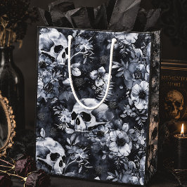 Sacola Para Presentes Média Crânios Botânicos Góticos Florais de Halloween