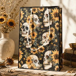 Sacola Para Presentes Média Cránios e Girassóis Góticos Florais de Verão