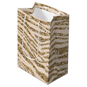 Sacola Para Presentes Média Cream Dourado Faux Glitter Zebra