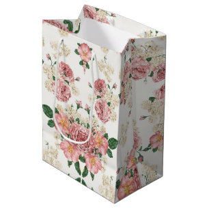 Sacola Para Presentes Média Cream Vintage Floral, rosa e creme