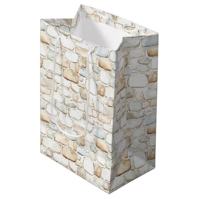 Sacola Para Presentes Média Cream White Grey Faux Stones Birthday (Frente inclinada)