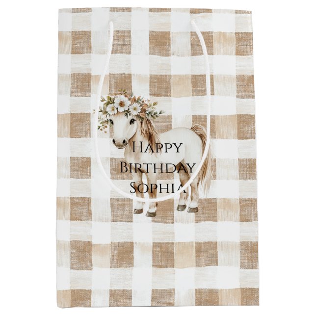 Sacola Para Presentes Média Cream White Plaid Stripes Horse Birthday (Frente)