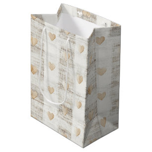 Sacola Para Presentes Média Creme Branco Bege Boho Corações Chá de Noiva