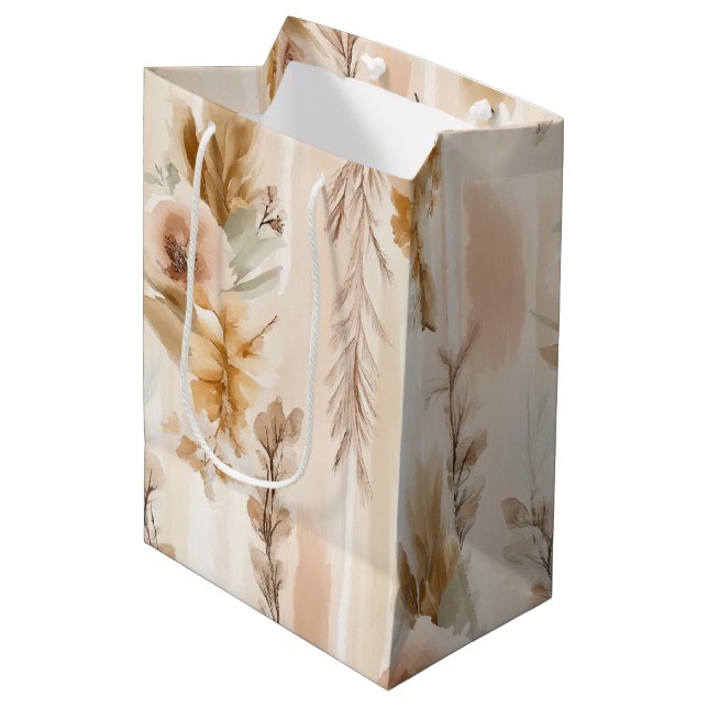 Sacola Para Presentes Média Creme Rústico Boho Floral Aniversário (Frente inclinada)