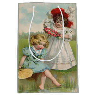 Sacola Para Presentes Média Crianças Vitorianas Jardim de Verão Vintage Menina