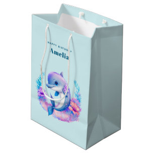 Sacola Para Presentes Média Criatura Do Mar De Golfinho Cute Aniversário