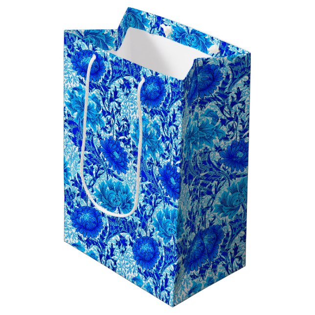 Sacola Para Presentes Média Crisântemos de William Morris Tons de Azul Jeans (Frente inclinada)