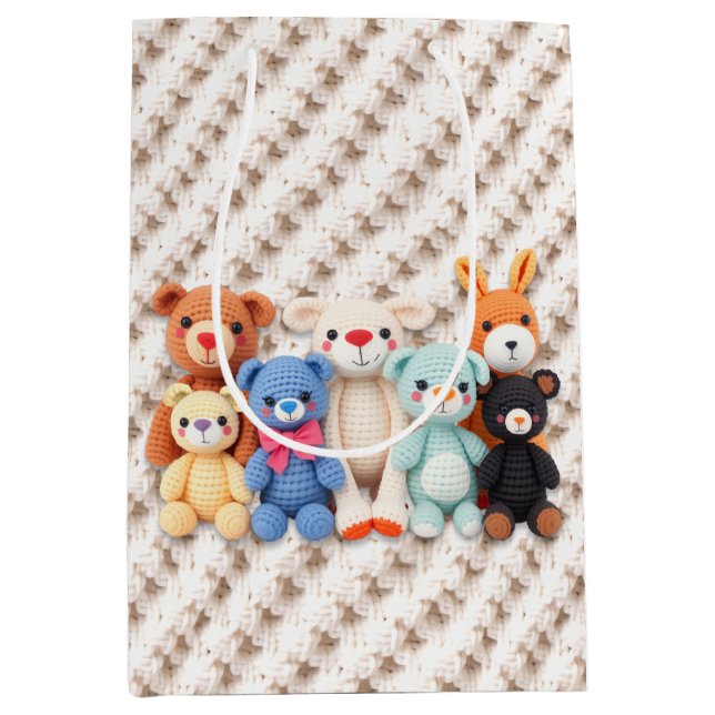 Sacola Para Presentes Média Crocheted Stuffed Animals Blue and Yellow (Frente)