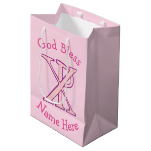 Sacola Para Presentes Média Cruz Cristã Chi Ro Rosa em Personalizado Rosa