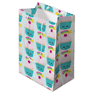 Sacola Para Presentes Média Cupcake azul bonito com padrão facial Kawaii
