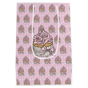 Sacola Para Presentes Média Cupcakes Rosa e Prata Bolinhas