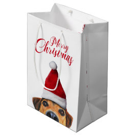 Sacola Para Presentes Média Curioso Cachorro Engraçado com Papai Noel