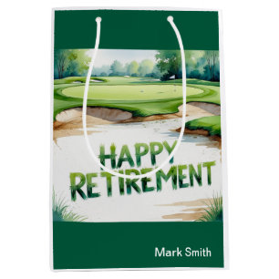 Sacola Para Presentes Média Curso de golfe com texto Feliz Reforma em Verde