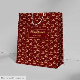 Sacola Para Presentes Média Custom Name Red and Gold Reindeer Gift Bag