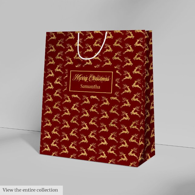 Sacola Para Presentes Média Custom Name Red and Gold Reindeer Gift Bag (Custom Name Red and Gold Reindeer Gift Bag)