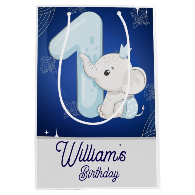 Sacola Para Presentes Média Cute Baby Elephant First Birthday (Frente)