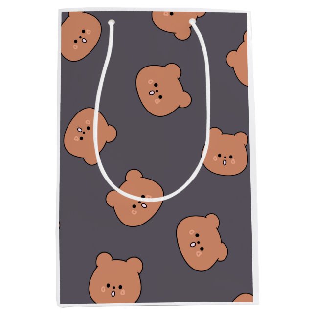 Sacola Para Presentes Média Cute Brown Teddy Bear Face Pattern Dark Blue (Frente)