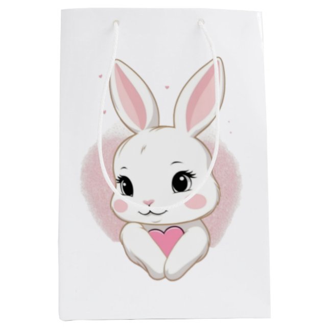 Sacola Para Presentes Média Cute Bunny Holding Heart | Romantic Design (Frente)