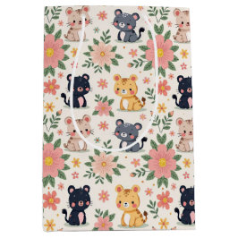 Sacola Para Presentes Média Cute Cartoon Jungle Cats and Flowers