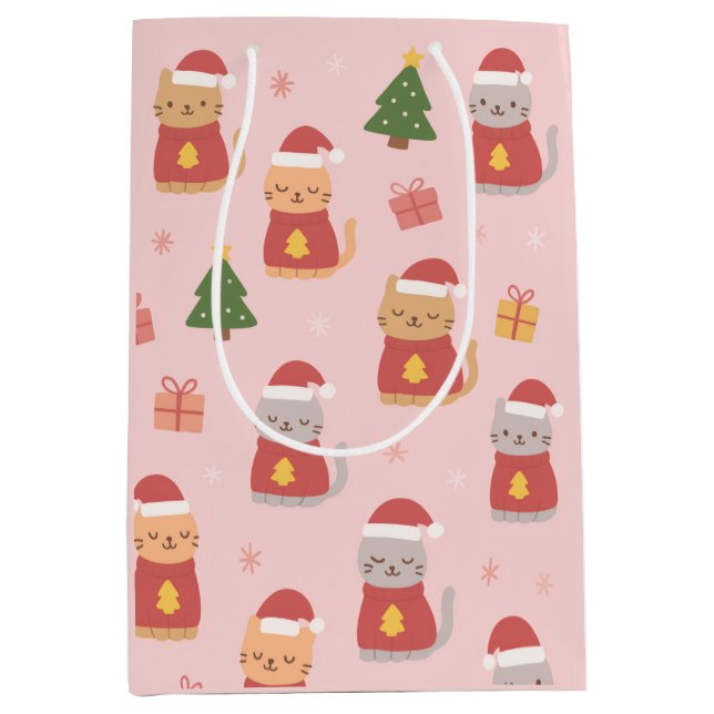 Sacola Para Presentes Média Cute Christmas Cats Pattern – Pink Holiday Design (Frente)