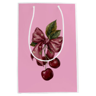 Sacola Para Presentes Média Cute Coquette Cereja Fita Rosa Estética