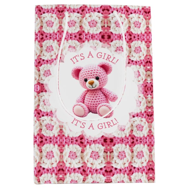 Sacola Para Presentes Média Cute Crocheted Teddy Bear Girl's Baby Shower (Frente)
