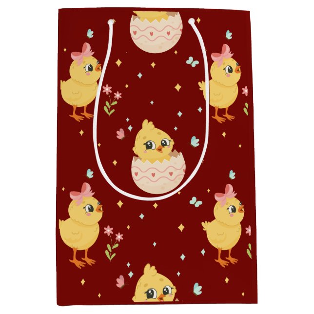 Sacola Para Presentes Média Cute Easter Chick with Pink Bow Seamless Pattern  (Frente)