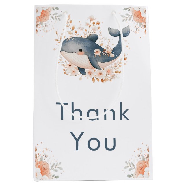 Sacola Para Presentes Média Cute Floral Whale Baby Shower  (Frente)