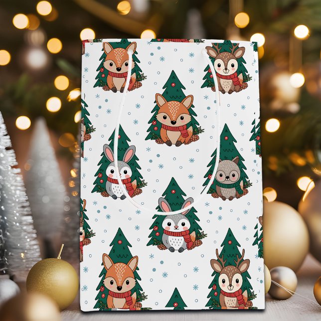 Sacola Para Presentes Média Cute Forest Woodland Animals Snowflakes (Criador carregado)