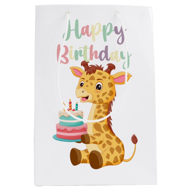 Sacola Para Presentes Média Cute Giraffe Happy Birthday Kids (Personalise) (Frente)