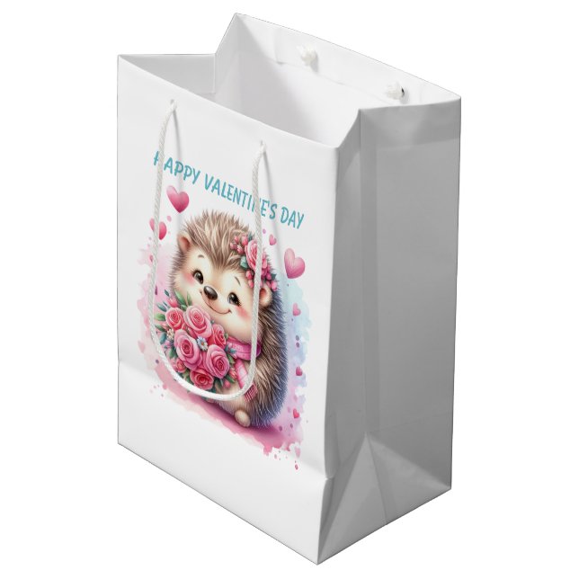 Sacola Para Presentes Média Cute Happy Valentine's Day hedgehog (Frente inclinada)