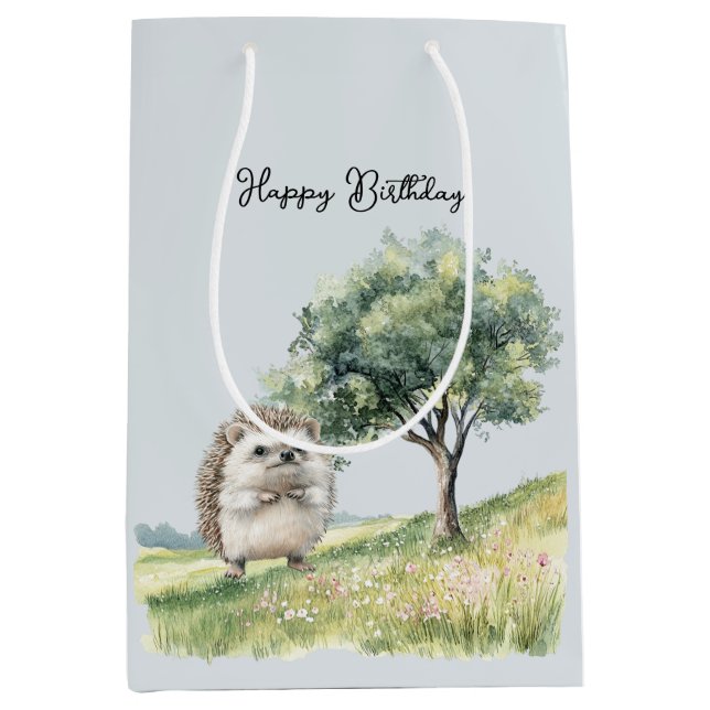 Sacola Para Presentes Média Cute Hedgehog Meadow with Tree Birthday (Frente)