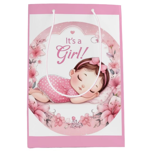 Sacola Para Presentes Média Cute It’s a Girl Baby Announcement  (Frente)