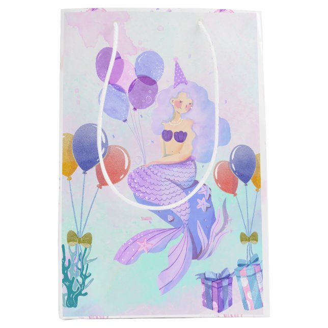 Sacola Para Presentes Média Cute Mermaid Birthday Party (Frente)