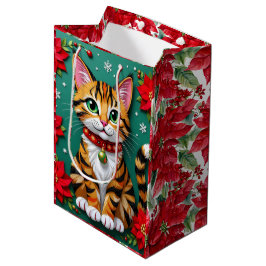 Sacola Para Presentes Média Cute Orange Kitty Cat and Poinsettia Christmas