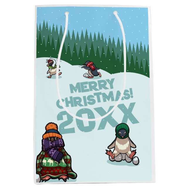 Sacola Para Presentes Média Cute Penguins Add The Year Merry Christmas! Winter (Frente)
