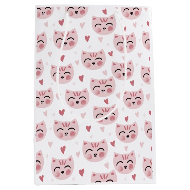 Sacola Para Presentes Média Cute Pink Kittens and Hearts Pattern for Kids (Frente)