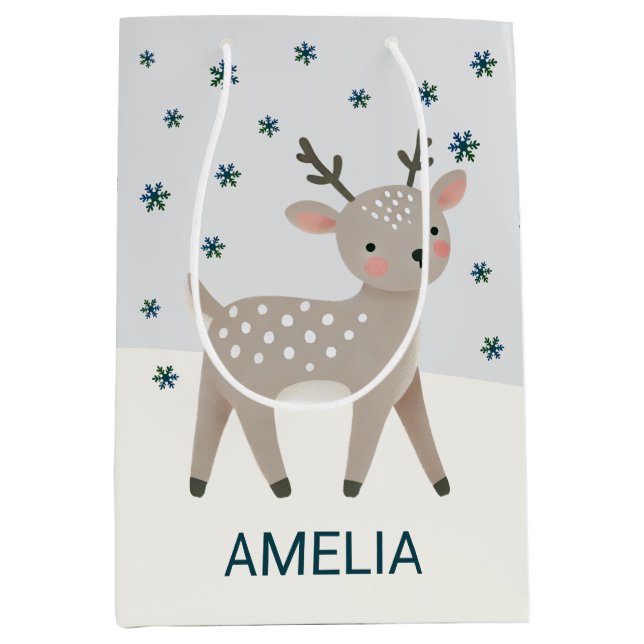 Sacola Para Presentes Média Cute Reindeer Snowflakes Drawing Christmas Name (Frente)
