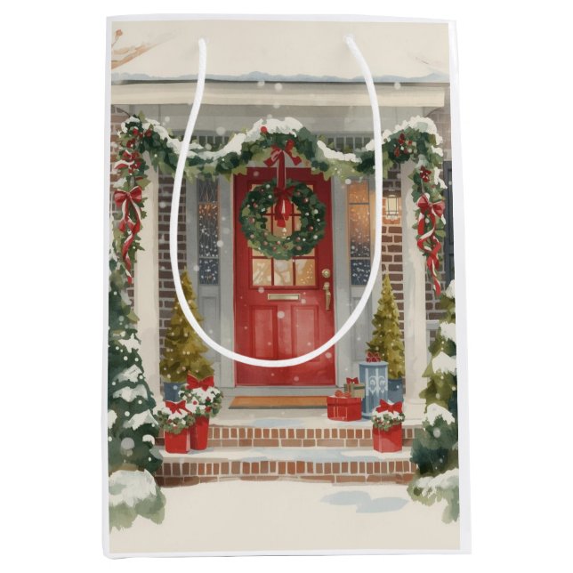 Sacola Para Presentes Média Cute Snowy Christmas Porch  (Frente)