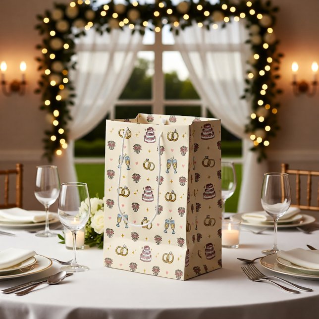 Sacola Para Presentes Média Cute Wedding Rings and Champagne Gift Bag (Criador carregado)